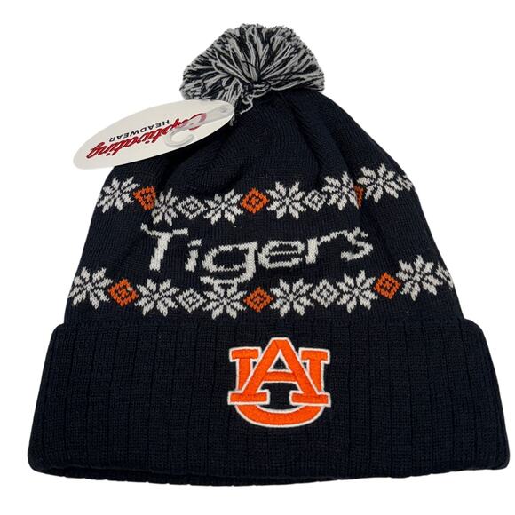 Captivating Headwear Accessories - Auburn Tigers Knit Beanie Hat Bobble Fair Isle Style Orange White Warm‎ Logo NEW